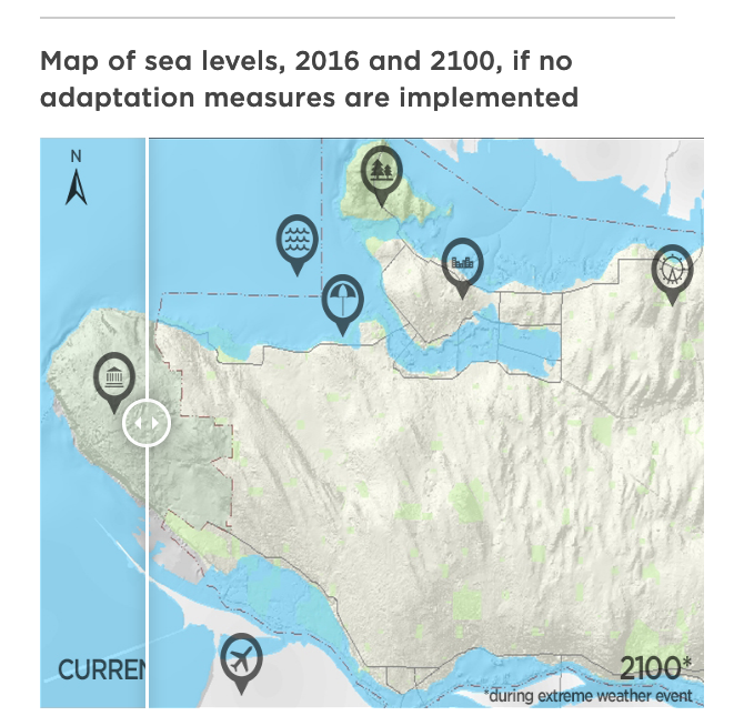 Lidsville's tweet photo. @subtomatoe See the sea level rise map of Vancouver, with a scroll bar that lets you go back and forth between 2016 and 2100. Shows False Creek simply gone, far beyond the hospital. See also Kits. Where is City Council? #vanpoli #bcpoli #Stpaulshospital #NEFCplan https://t.co/4i6ffada7d https://t.co/LroMJblkbq
