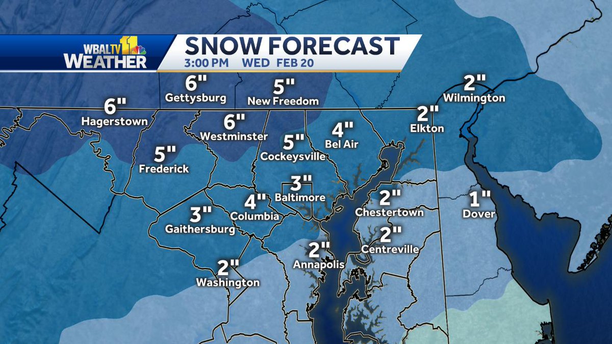 My first call on snow totals on the Wednesday storm. The best possible scenario for Baltimore would be for it to start as snow, then jump right to rain. But there will likely be some freezing rain or sleet as well. Timing down next few days. #SnowTrain