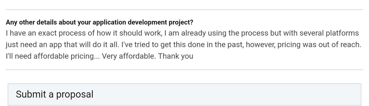 mikehale's tweet image. Translation: "I want you build an app with the functionality of several others, but my budget is the monthly cost I pay for one of them." #veryaffordable