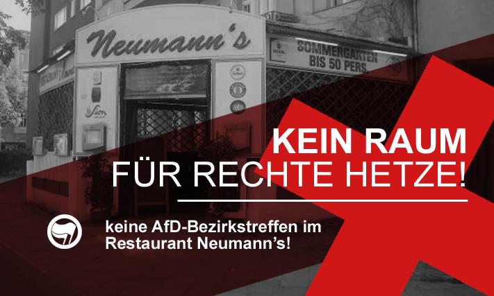 noafdberlin's tweet photo. #AfD Bezirksverband Mitte nicht mehr im #Marinehaus, dafür aber nun im #Restaurant #Neumanns in Alt #Moabit 126. Wir fordern: Schmeißt die RassistInnen raus!
https://t.co/FdHad6hwsU
#noafdb #noafd #antifa #fckafd https://t.co/TAutAwqswn