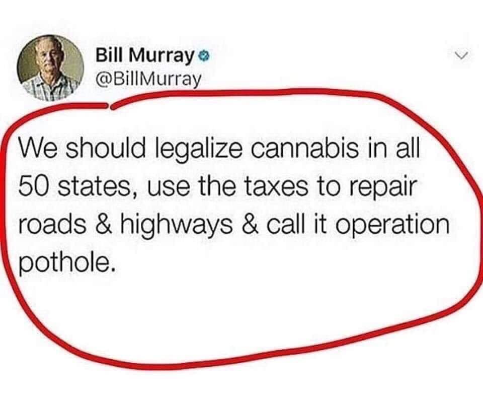 adilas420's tweet photo. #TruthBehindTheHeadlines #cannabiz #taxes2019 #operationpothole #pothead #legalizeit @BillMurray https://t.co/UhRbcyShrS