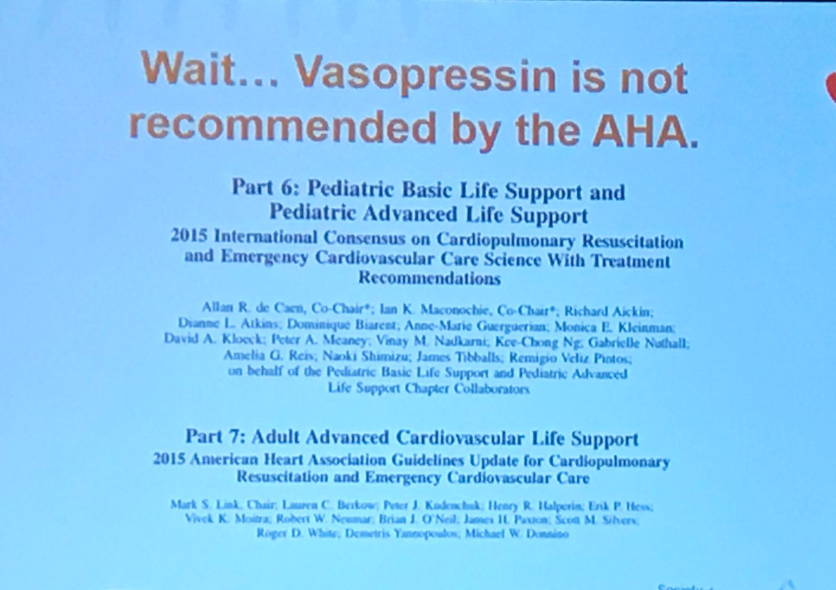 Have you used vasopressin during CPR? <a href="/DrJuliaSlovis/">DrJuliaSlovis</a> challenges us to think outside the guidelines for patients who don’t respond to epinephrine. #CCC48 <a href="/ryan_w_morgan/">Ryan Morgan, MD</a> <a href="/Kilbaugh/">Todd Kilbaugh</a> <a href="/SuttonB_ICUMD/">Robert Sutton</a>