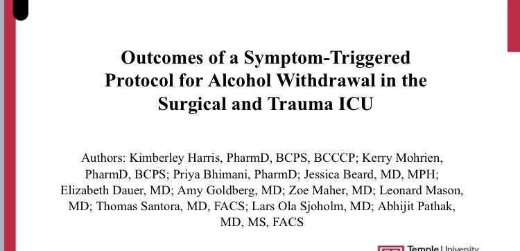 Abhi Pathak (@apathakmd) on Twitter photo Kim Harris with a fantastic presentation on a Symptom Triggered Protocol for ETOH w/drawal in SICU at #CCC48 #SCCM2019 <a href="/TempleTrauma/">Temple Trauma</a> Kim Harris with a fantastic presentation on a Symptom Triggered Protocol for ETOH w/drawal in SICU at #CCC48 #SCCM2019 <a href="/TempleTrauma/">Temple Trauma</a>
