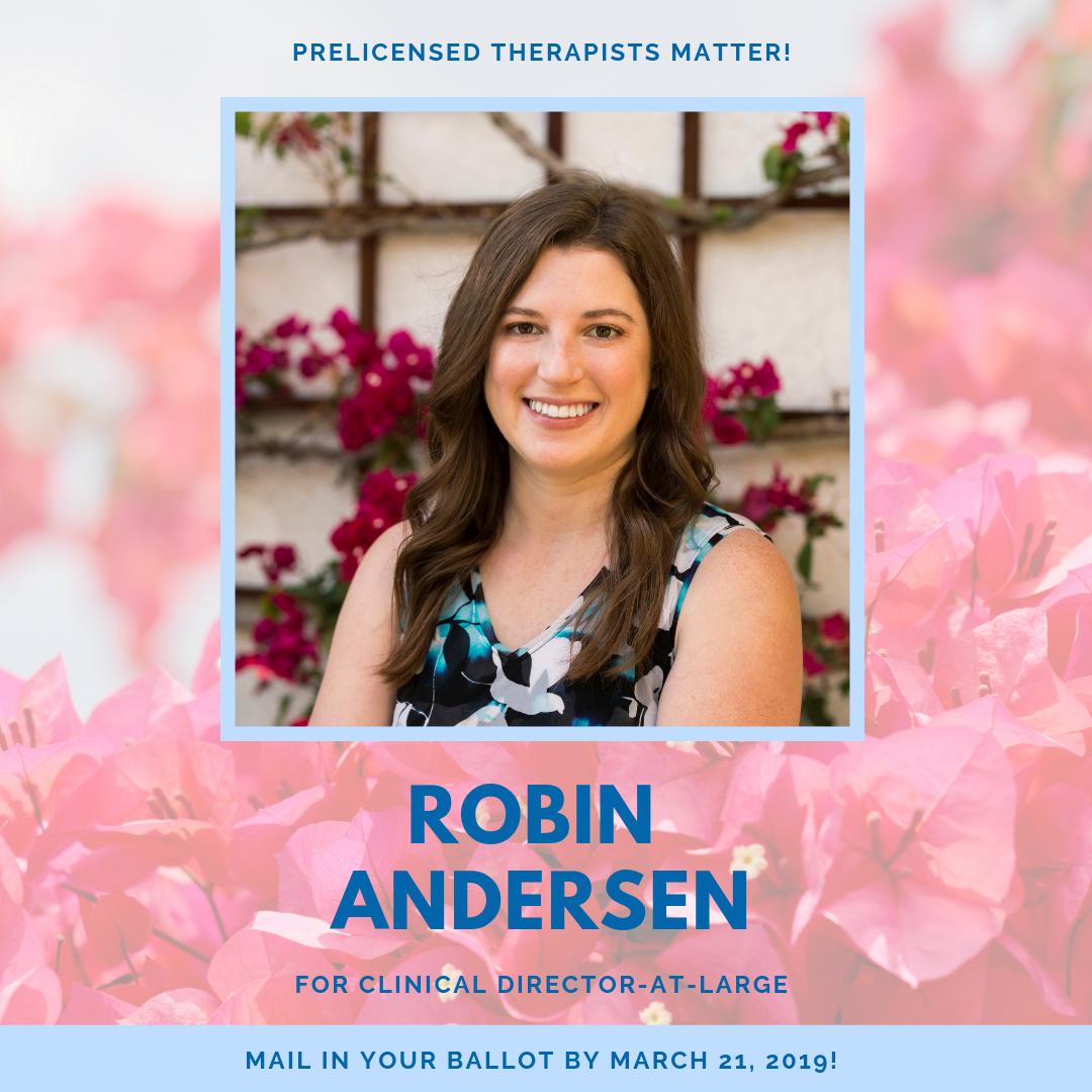 RobinLMFT's tweet image. I’ve advocated for associates, trainees, and students in a meaningful way through my work with @Prelicensed. I’d like to continue my work on a larger scale, and that can be achieved through election to CAMFT’s Board of Directors. Tell @CAMFTTeam “prelicensed therapists matter”!