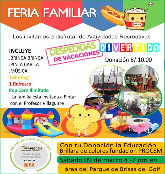 FProcem's tweet image. Porque para nosotros la familia es primero
FERIA FAMILIAR PAPAS ENTRAN GRATIS .... 
VEN Y PASA UNA TARDE CON MUCHA DIVERSIÓN 
Y SORPRESAS Y CON TU PEQUEÑO APORTE de 10.00
PODRÁS LLEVAR A NIÑOS DE BAJO RECURSOS ÚTILES ESCOLARES.
Acompáñanos