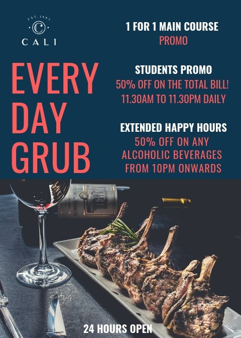 We give you so many reasons to plan your meals with us Cali - 24 Hours Restaurant Bar 

#Cali #CaliSingapore #CreatingMoments #CaliRochester #CaliChangi #1for1maincourse #Happyhoursspecial #extendedhappyhour #NTU #NUS #SMU #SIM #sgeats #sgfood #sgfoodie #hungrygowhere #chopesg