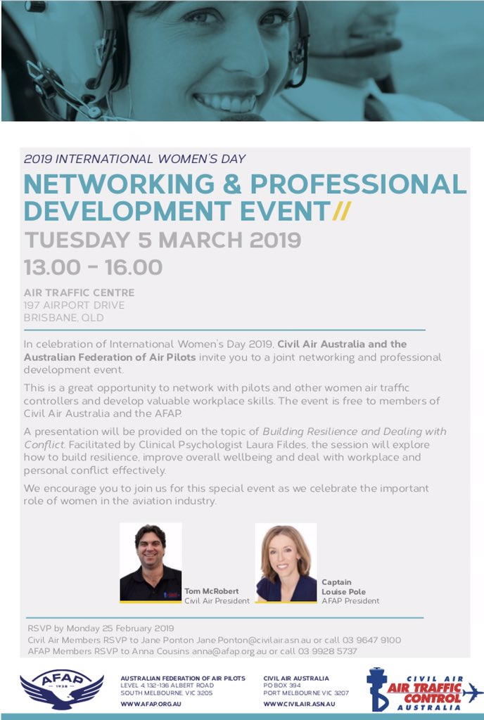 To our female Civil Air members, particularly in Brisbane, one week to go RSVP to the office for this important event, in association with AFAP