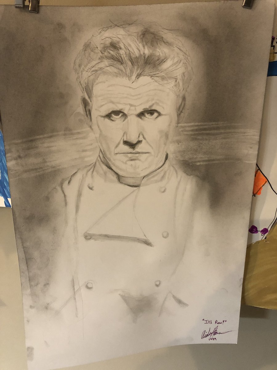 Sararyn4's tweet photo. My kids are obsessed with @HellsKitchenFOX. So one of them sketched @GordonRamsay.... ummm what😳 this kid needs some art lessons 🤣 He calls the piece ‘It’s Raw’ https://t.co/j4pXGPXbA7