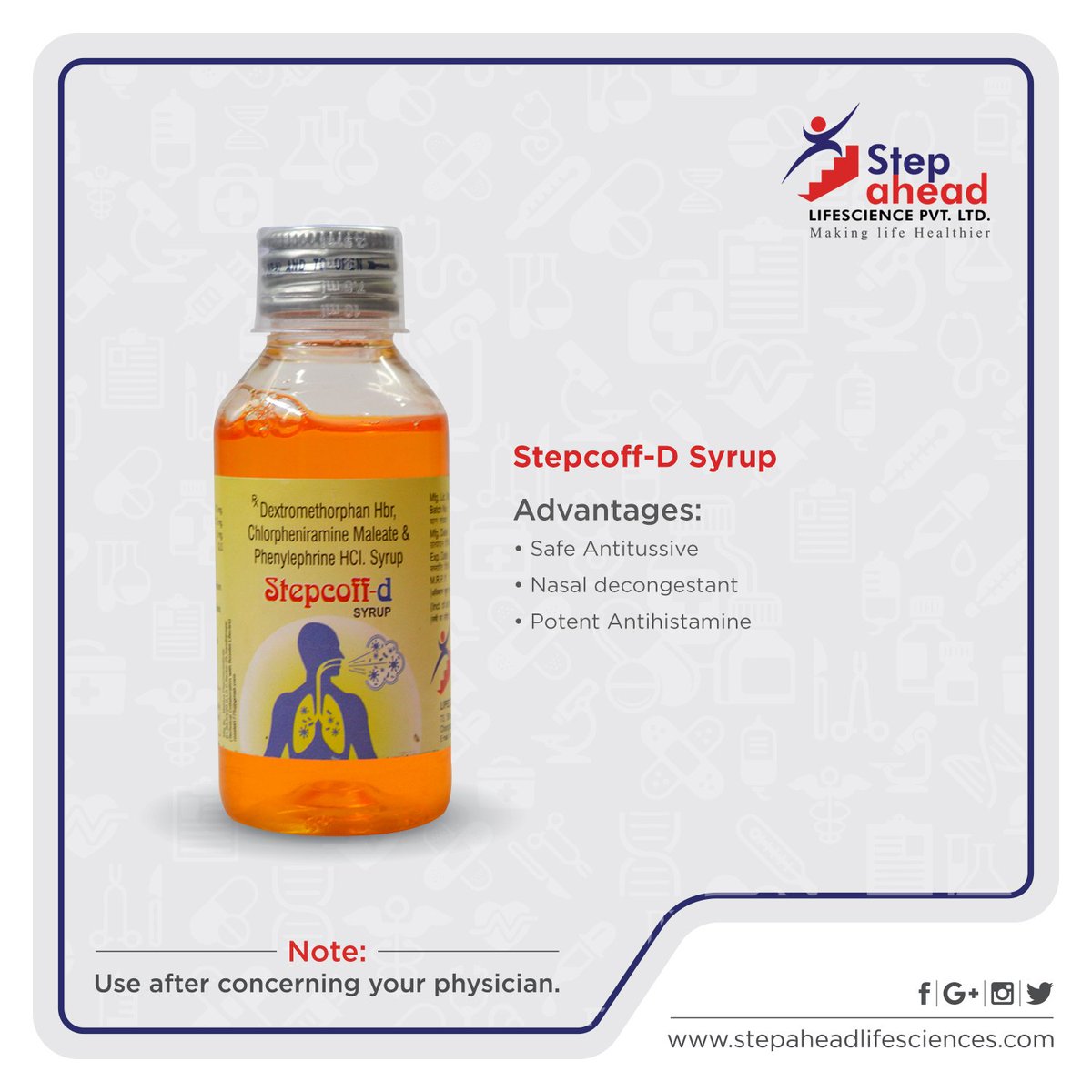 StepAheadpharma's tweet photo. #advantages: Stepcoff-D Syrup
• Safe Antitussive
• Nasal decongestant
• Potent Antihistamine

#stepahead #pharma #medicine #syrup #industries #medical #doctor #hospital https://t.co/Jz4qtA4QNE