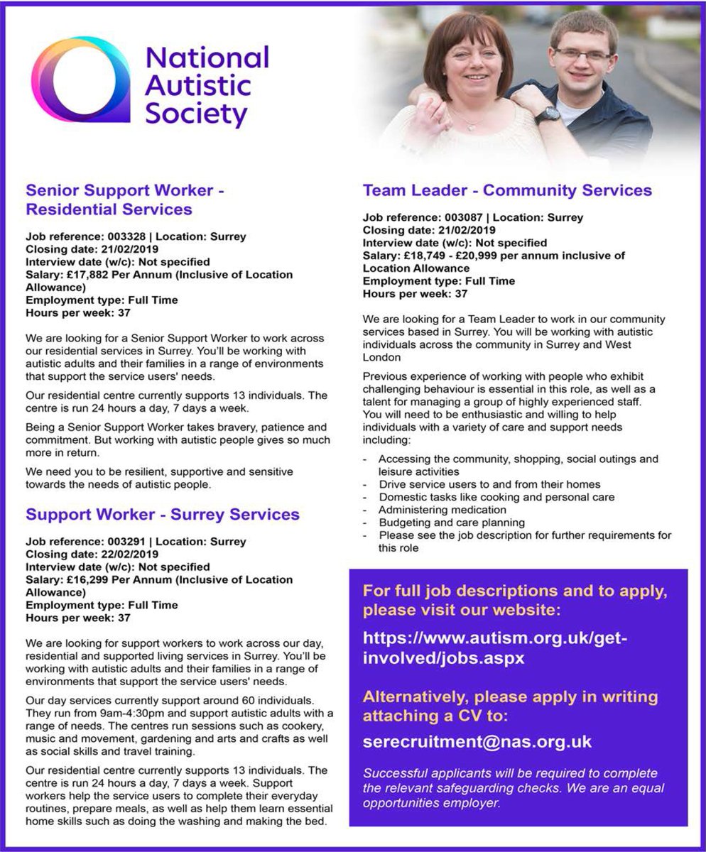 TodaysRecruit's tweet image. @NationalAutisticSociety @NAS Have vacancies for #SeniorSupportWorker #SupportWorker #TeamLeader Throughout #Surrey Further Information can be found at autism.org.uk/getinvolved/jo…