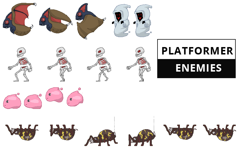 hellowhowru's tweet image. 2D Platformer enemies (bat, ghost, skeleton, slime, spider) sprite sheet opengameart.org/content/2d-pla…  #pixelart #gamedev #gameassets #opengameart
