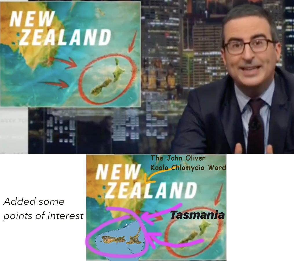 TightWeekNight's tweet image. In a piece about forgetting New Zealand on maps, @LastWeekTonight used a map that didn't include Tasmania. We fixed it for them.