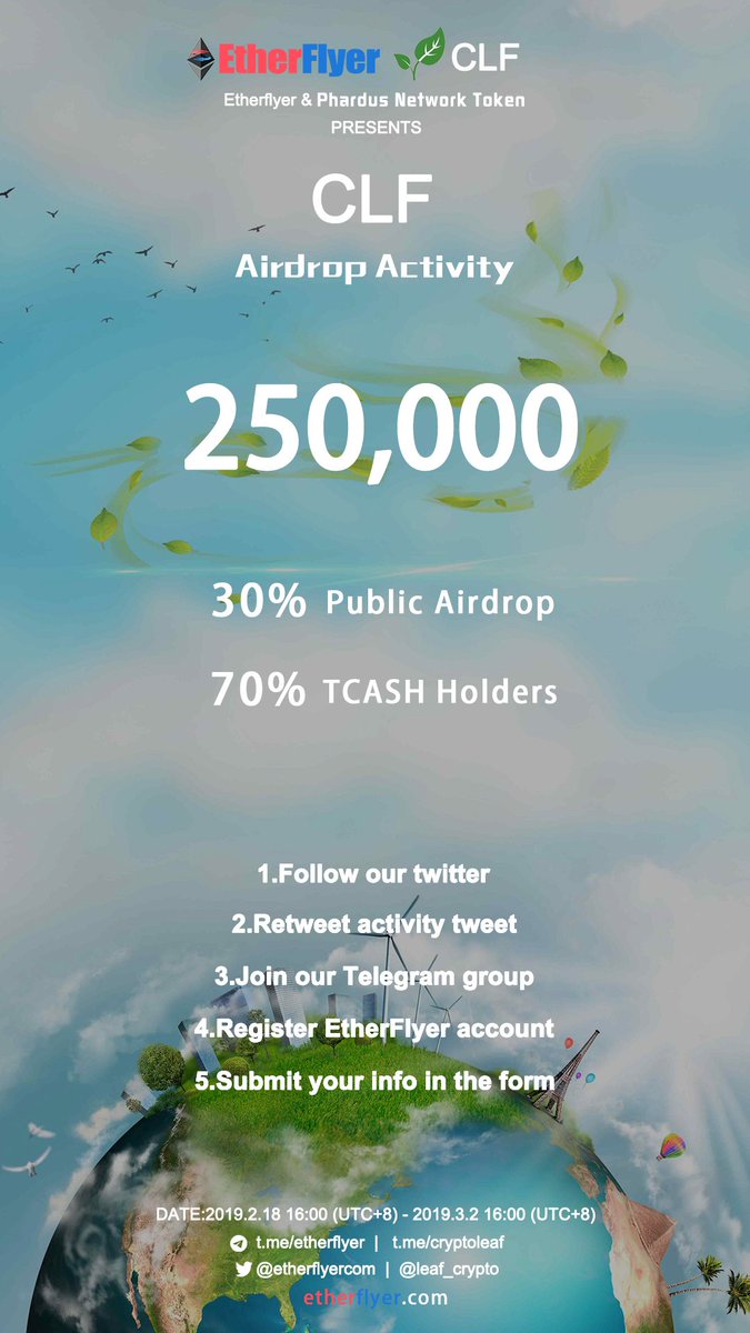 etherflyercom's tweet image. 250,000 CLF Token Giveaway for Public Airdrop and TCASH Hloders!  @leaf_crypto @SuRaTech1  From 2019.2.18 16:00(UTC+8) - 2019.3.2 16:00(UTC+8)  Attend directly from:rafflecopter.com/rafl/display/8…?  … Follow all activities:etherflyer.com/airdrop.html
