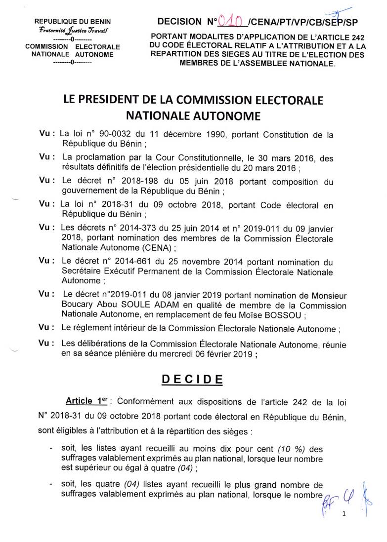DÉCISION DE LA <a href="/Cenabenin_info/">CENA BÉNIN</a> PORTANT MODALITÉS D'APPLICATION DE L'ARTICLE 242 DU CODE ÉLECTORAL RELATIF A L'ATTRIBUTION ET A LA RÉPARTITION DES SIÈGES AU TITRE DE L'ELECTION DES MEMBRES DE L’ASSEMBLÉE NATIONALE.