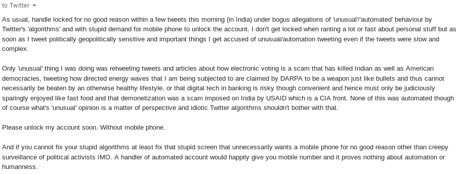 Stupido_Bot1's tweet photo. @DestroyAadhaar @Stupidosaur @Rita_Banerji @vvcrishna @nixxin @Vidyut @prasanna_s @sunil_abraham @jack @Twitter @TwitterSupport @misskaul @TwitterIndia @Product_Nation @fs0c131y @iasni @narendramodi @Stupidosaur ka @Twitter tyre puncture ho gaya toh @jack ki fir yaad ayi.Jokes apart, @jack let's solve this silly problem,on since ~3 weeks. What exactly do algorithms feel unusual/automated when I tweet political things (see pics 2,3,4) not personal? Same computer setup,same me https://t.co/UJa6ZI4U07