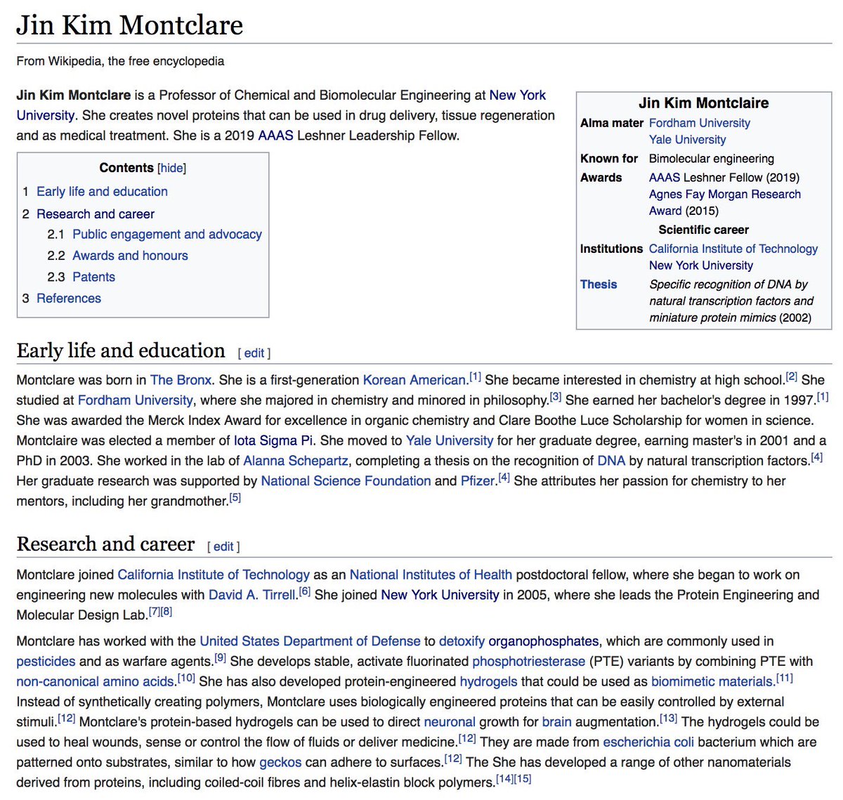 jesswade's tweet photo. 🧬 Meet Prof Jin Kim Montclare (@jkmontclare), multi-🏆 winning bioengineer @nyuniversity who creates protein-derived nanomaterials for drug delivery + tissue regeneration. Montclare is an advocate for diversity in science. New @Wikipedia page:https://t.co/ahxHbeZwrp #womeninSTEM https://t.co/65QAbvm6hv