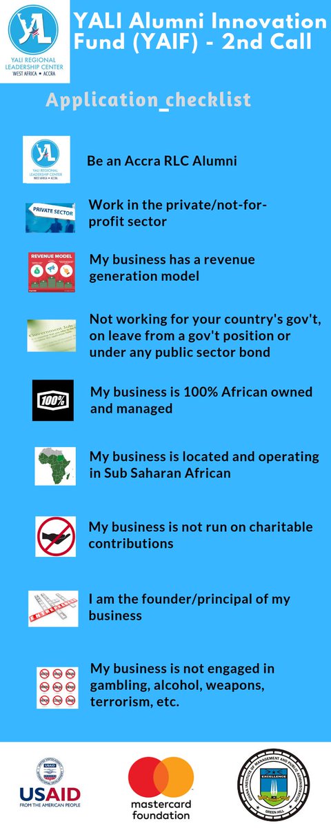 YALIRLCWAAccra's tweet photo. We are receiving applications for the 2nd Call of the YALI Alumni Innovation Fund (YAIF). 
If you are an Accra RLC Alumni aiming to scale up your enterprise, here's the opportunity to access up to $10,000!  
#YALIRLCWA #YAIF2 #YALIAlumni https://t.co/ZIr1u59J1B