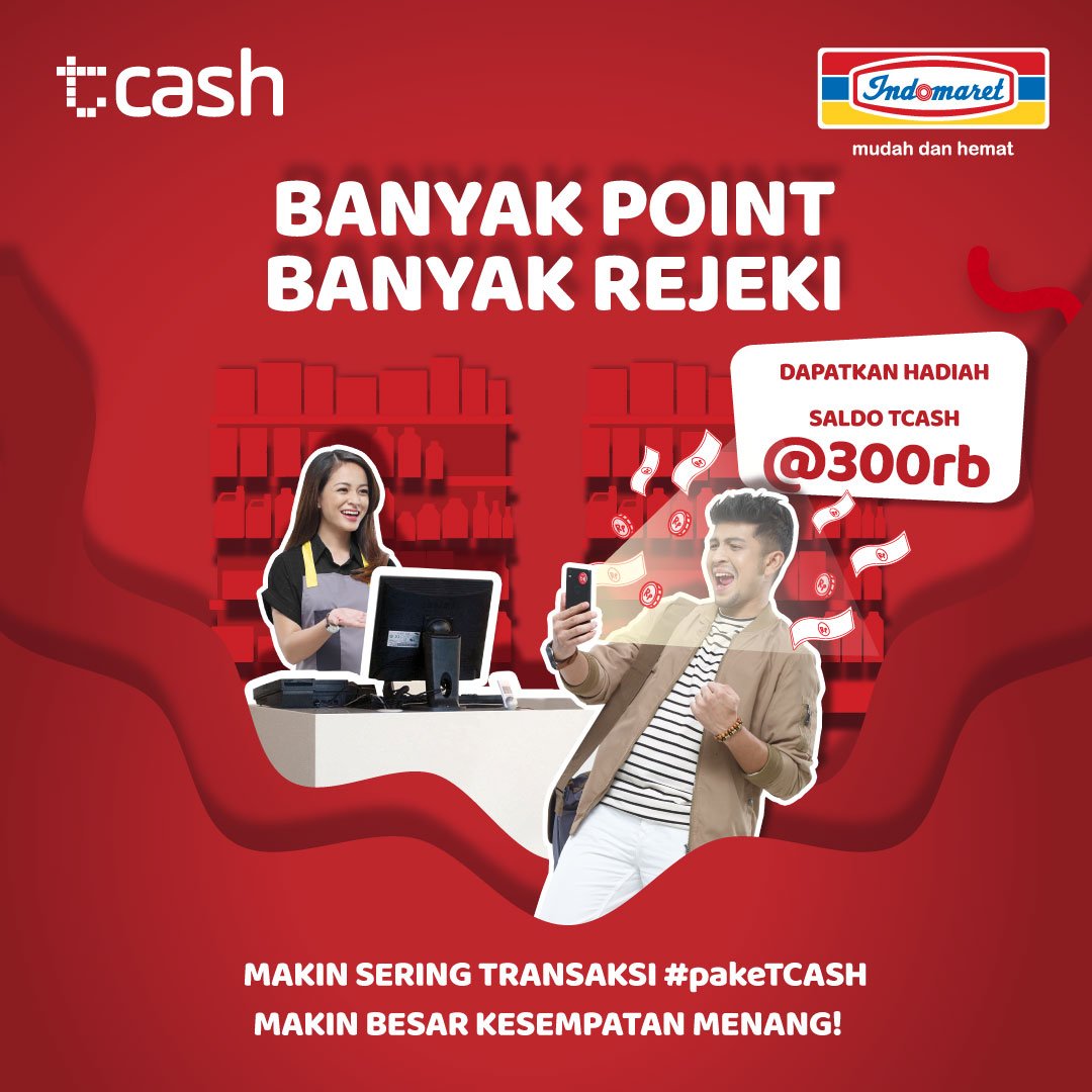 Indomaret's tweet image. Makin sering transaksi #pakeTCASH makin besar kesempatan menang dengan isi saldo dan belanja di Indomaret selama periode Februari - Maret 2019! @TCASH_ID #Indomaret