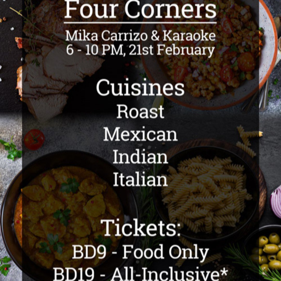 DilmunClub1's tweet photo. Four Corners at the Dilmun with Mika Carrizo!
6 - 10PM, 21st of February.
.
Enjoy an all you can eat buffet of four cuisines from all around the globe.

Cuisines consisting of Roast, Mexican, Indian and Italian.
.
BD9 - Food Only
BD19 - All-Inclusive
.
.
.
#bahrain #manama #saar https://t.co/dCejj837qS