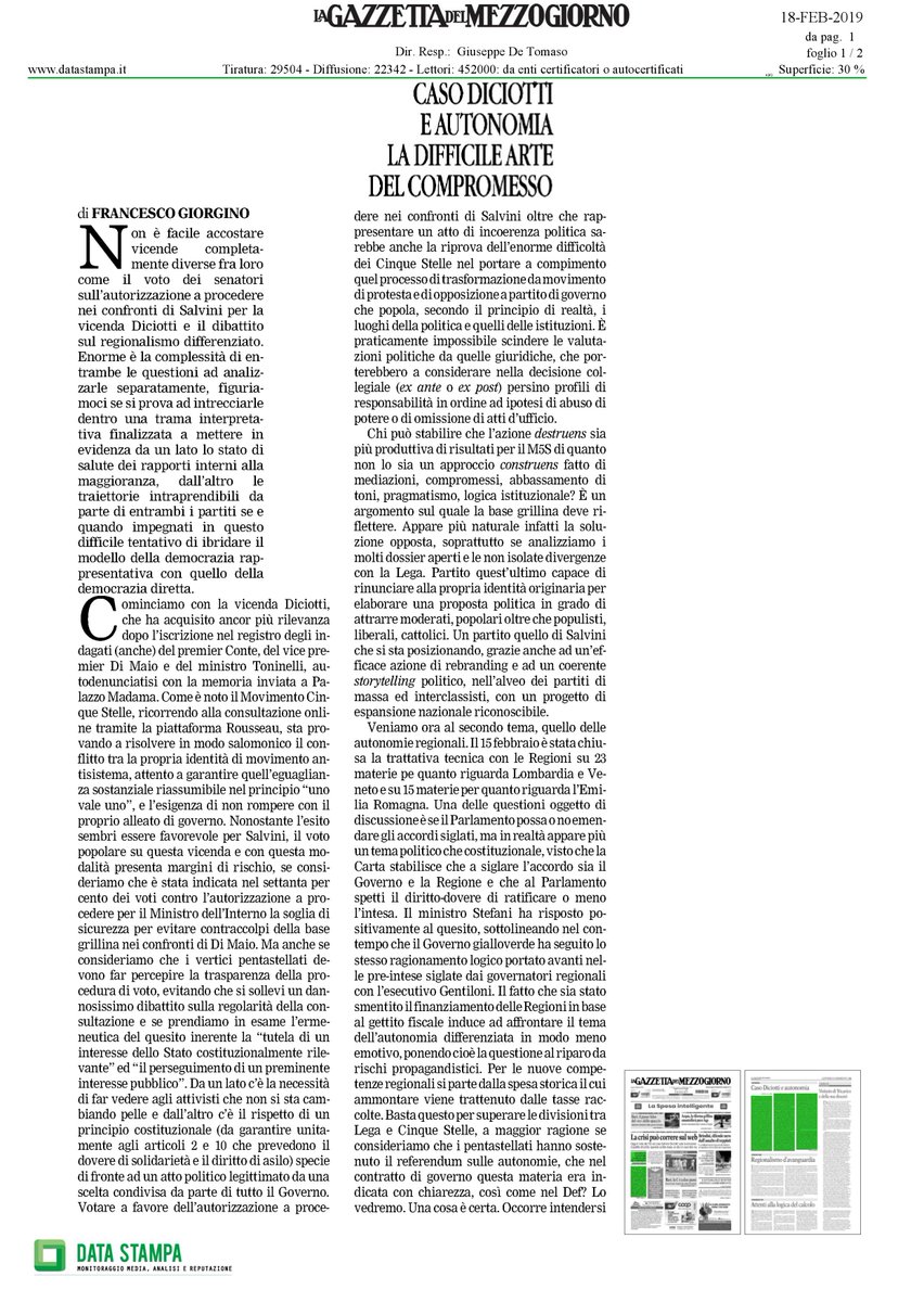 ComunicazioneGi's tweet photo. "Non è facile accostare vicende completamente diverse fra loro come il voto dei senatori sull'autorizzazione a procedere nei confronti di #Salvini per la vicenda #Diciotti e il dibattito sul regionalismo differenziato."

L'#editoriale del prof. @frangiorgino su @LaGazzettaWeb. https://t.co/vfRRFBpdlS