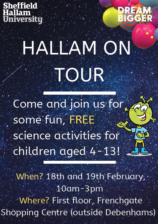 Frenchgate's tweet photo. Thinking what to do this #HalfTerm?
We have got you sorted! @SHUOutreach are bringing #HallamonTour to Frenchgate TODAY & TOMORROW from 10am - 3pm for some FREE science-themed activities.
They'll be codes to crack, straw towers to build and you can even learn about your DNA!π¬π€ https://t.co/3isKeQf7m8