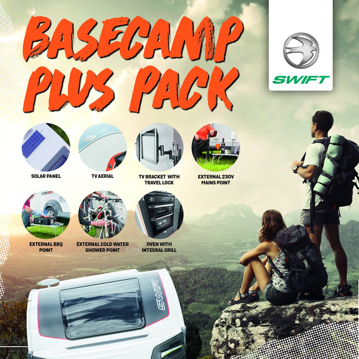 The Swift Escape and Escape Compact #Motorhome 'Comfort Pack' brims over with luxury features! 
The Swift Basecamp 'Plus Pack' is the perfect addition to the Basecamp #Caravan
Get your pack FREE with the new Escape, Compact or Basecamp!
Offer Ends 24th Feb.
Tel: (02380) 405122