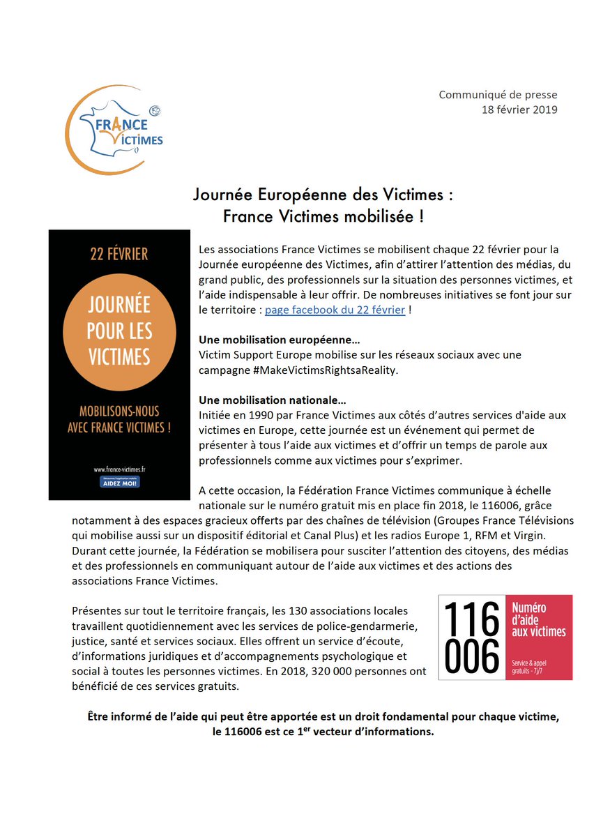 FranceVictimes's tweet photo. [Communiqué de #presse] Les associations France Victimes se mobilisent pour la Journée Européenne des Victimes afin de présenter à tous l'aide aux victimes
#22fevJEV #EuropeanDayforVictimsofCrime
https://t.co/b0iyH7SoR5 https://t.co/wcUfCBN8ee
