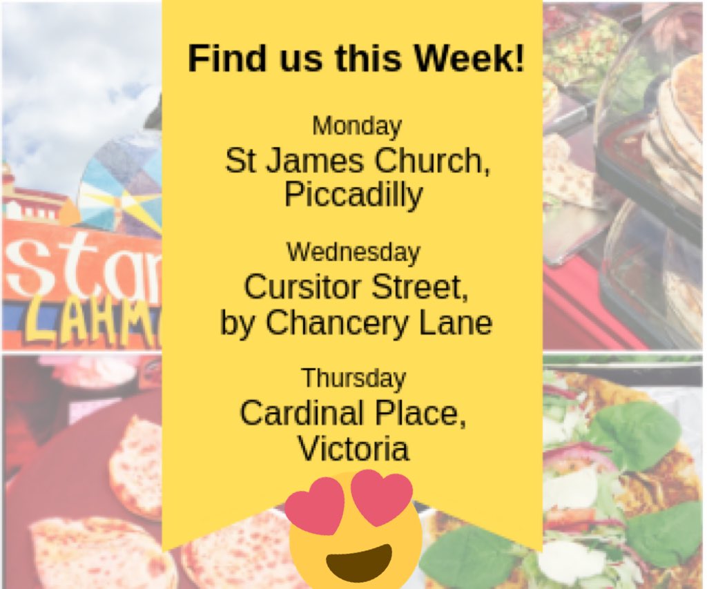 Find us this Week❣️🙋🏻‍♂️🙋🏻‍♀️

MON: #StJamesChurch #Piccadilly
@streetfoodish 

WED: #CursitorSt #Chancerylane @ShepherdsMkts 

THU: #CardinalPlace #Victoria
@Startisans 

#Lahmacun #WrapPizza #Salads #Halloumi #Feta #Cacik #London #Streetfood #Foodies #GoodMoodFood #MondayMotivation