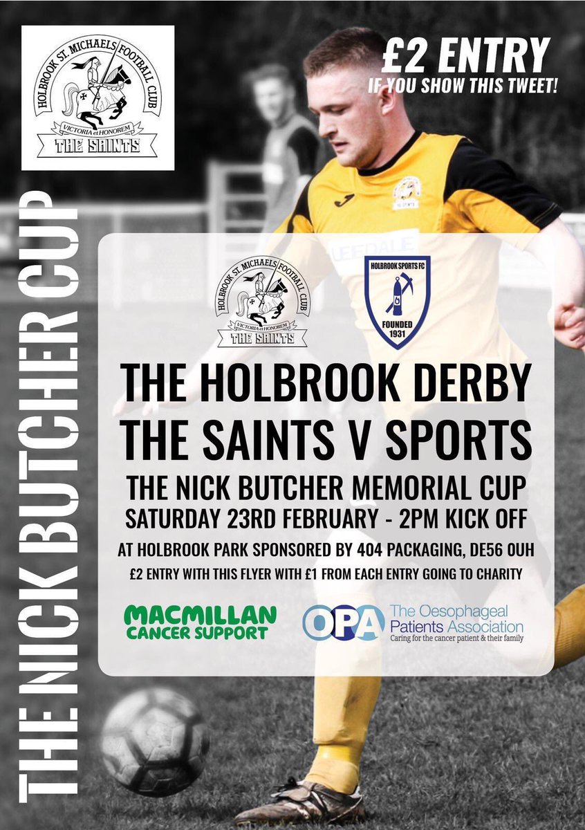 Up next we host <a href="/holbrooksports/">Holbrook Sports FC</a> in the Nick Butcher Cup!🐝🐝🐝 

A game for a great man who was heavily involved in both clubs. Nothing but a win will do for the saints, please come along and show your support⚽️⚽️⚽️
@CentralMidFL <a href="/macmillancancer/">Macmillan Cancer Support</a> <a href="/OPA_UK/">OPA</a>