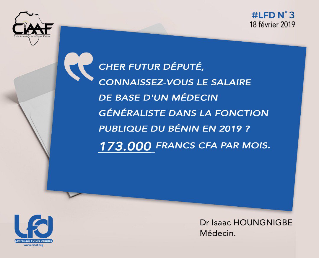 Le salaire d'un médecin au Bénin. <a href="/Dr_IsaacH/">Isaac Houngnigbe</a> <a href="/AgossouU/">Agossou Urielle, MD</a> <a href="/amabanckou/">Alain Mabanckou</a> <a href="/Coffi_12/">MathiasH</a> <a href="/Ciaaf2018/">Civic Academy for Africa’s Future - CiAAF</a> <a href="/MChiarath/">Moutairou Chiarath</a> <a href="/cglele64/">glele cornélia</a> #LFD