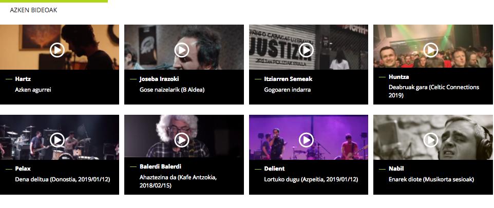 AZKEN BIDEOAK
#Hartz
<a href="/JIrazoki/">joseba irazoki</a> eta Lagunak
<a href="/ItzrrSemeak/">Itziarren Semeak</a> 
#Huntza
#Pelax
<a href="/balerdibalerdi/">Balerdi Balerdi</a> 
<a href="/delientrock/">Delient</a> 
#Nabil
eta gehiago... badok.eus/azken-bideoak/