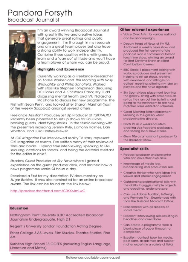 pandoraforsyth's tweet photo. Revamped CV for 2019 ❗️
As a freelancer I’m always looking for new work, please do feel free to message me or share with relevants.
I am also on the lookout for full-time work if the right opportunity arose.
Email 📧
pandoraforsyth@gmail.com
#NewCV #MotivationalMonday https://t.co/ImQ6hlmeFq