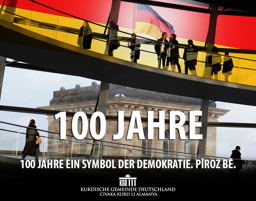 Unsere schöne Flagge wird heute offiziell 100 Jahre alt! Heute, im Jahr 1919, wurde sie offiziell in die Verfassung der Weimarer Republik aufgenommen. Diese Flagge steht wie kein anderes Symbol für die deutsche Demokratie und für die Freiheit. Pîroz bê! 🇩🇪☀️