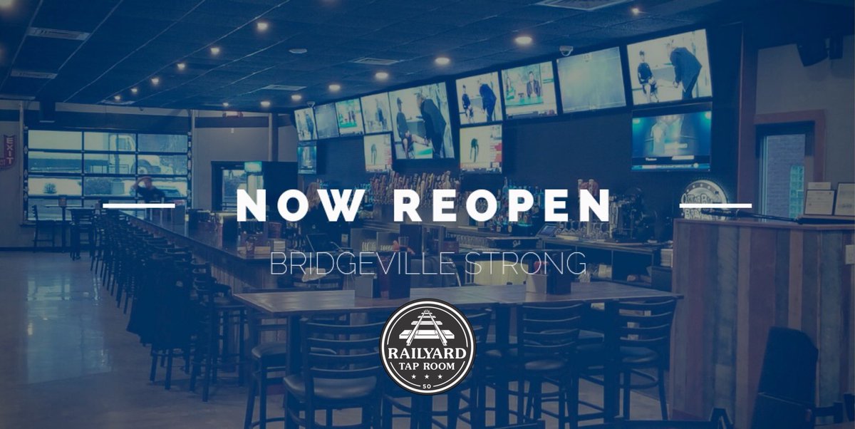 RailyardTap's tweet photo. Doors are unlocked and we are ready to serve you so stop in and see us! #GetRailed #Reopening #BridgevilleStrong #CraftBeer #FromScratchKitchen https://t.co/VvqWVxbmm2