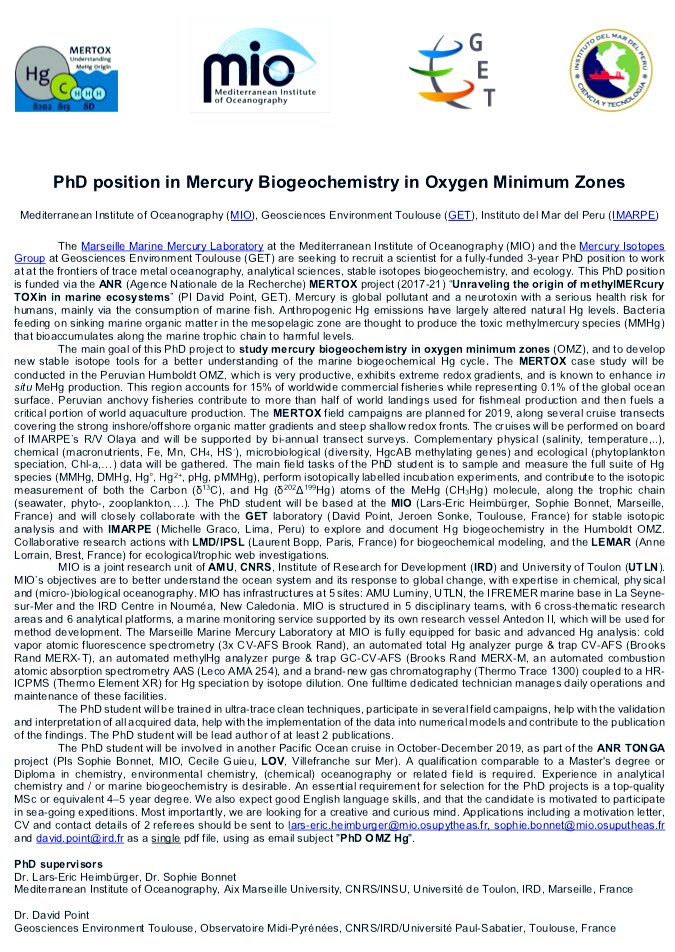 We are #hiring | #PhD position in #Mercury #Biogeochemistry in the #Humboldt #Upwelling Oxygen Minimum Zone at @M3lab, @GET_Hg & @ImarpePeru funded by the @AgenceRecherche #MERTOX project | Apply before March 31st. #makemercuryhistory