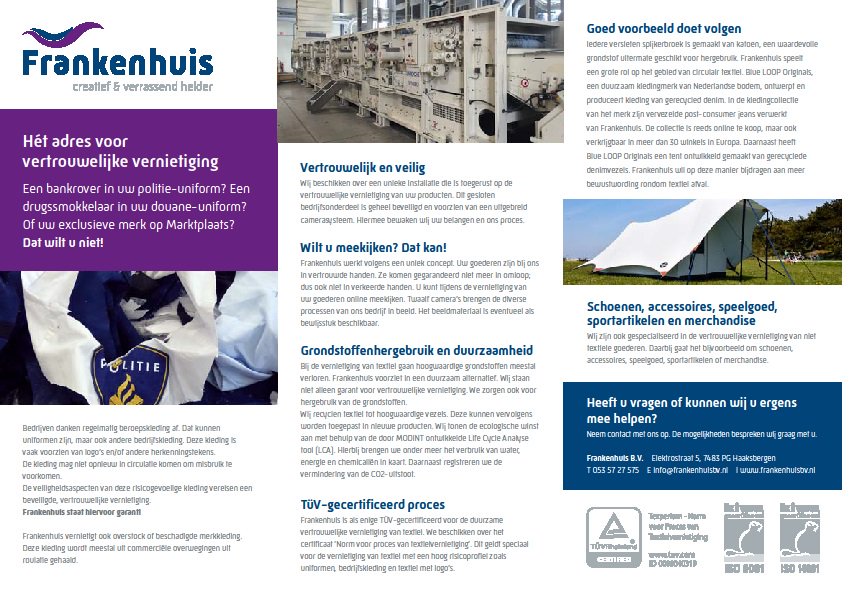 Bedrijfskleding duurzaam laten vernietigen? Bel <a href="/FrankenhuisBV/">Frankenhuis Textielrecycling</a> ! T. 053-57 27 575