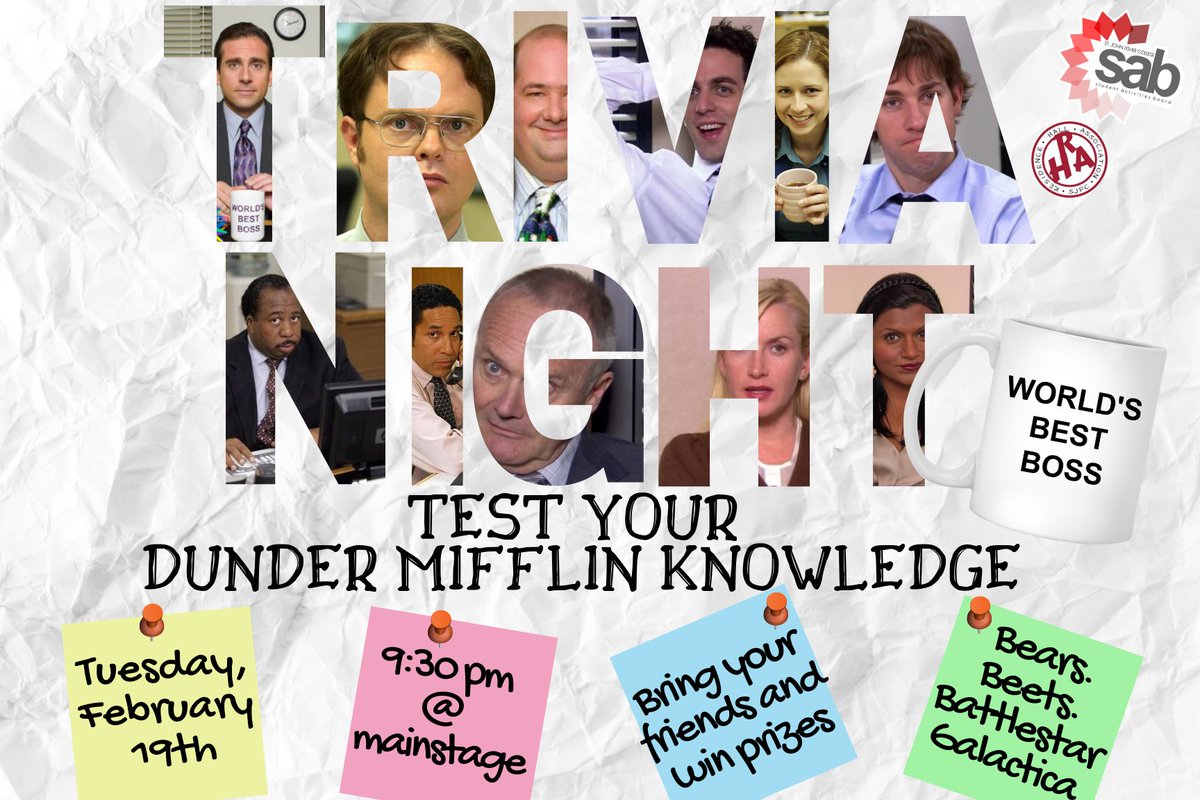 Do you think you’re an expert on The Office?? Come test your knowledge at our Office themed trivia night TOMORROW! Join us at 9:30 in Mainstage and bring your friends! We have some SWEET prizes! ☕️🐻🥨✏️