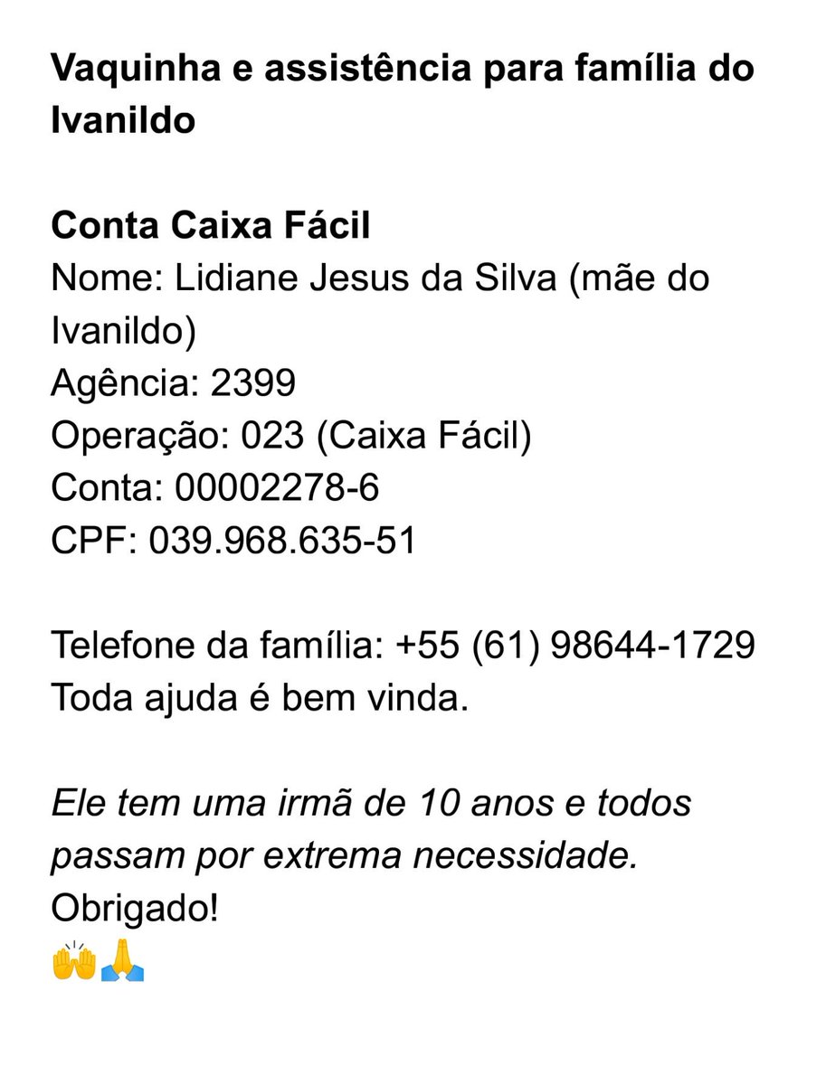 joelcarneirojr's tweet photo. Obrigado pela sensibilidade e carinho com a história do #Ivanildo
Vou deixar o contato da mãe do Ivanildo e a conta poupança para a #vaquinha
Vamos evitar fake e ajudar de verdade.
Qualquer valor é bem vindo e eles precisam muito...
🙌🙏 https://t.co/STkNYXcjU3