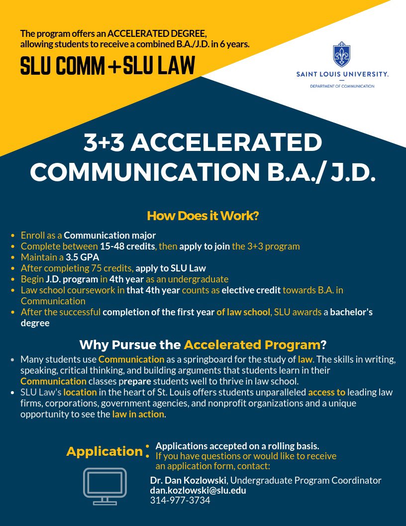SLUcomm's tweet photo. We are thrilled to announce that the Communication Department at SLU is now offering a 3+3 ACCELERATED COMMUNICATION B.A./J.D. PROGRAM.!#slucomm #slulaw https://t.co/GJ2zuA8vte