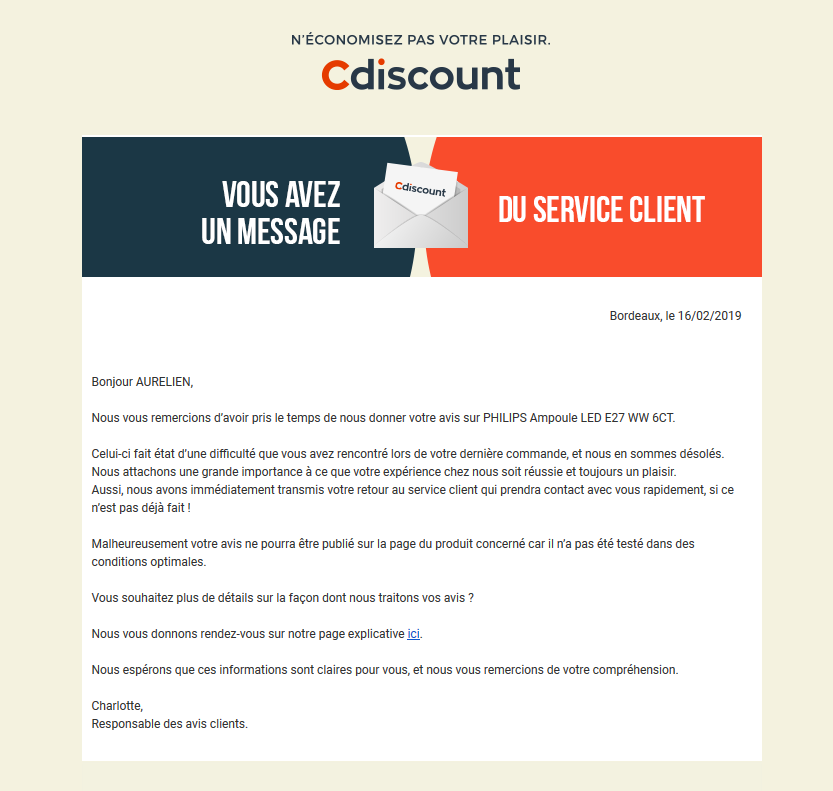 lemoinea's tweet photo. La stratégie de @Cdiscount pour n'avoir que des avis positifs sur son marketplace : censurer les commentaires négatifs. 
Pourtant mon avis indiquait juste une insatisfaction, car les ampoules reçues fonctionnent, mais elles comportent toutes des rayures notables... https://t.co/nQH1uBKQ5T