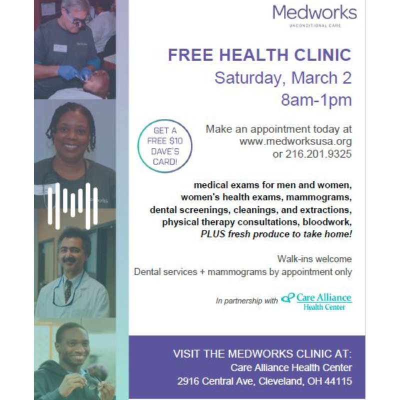 CareAlliance's tweet photo. #CareAlliance is pleased to partner with #Medworks to offer free medical exams, mammograms, dental exams (cancer screenings, cleanings, and extractions) physical therapy consultations, and fresh produce on March 2nd! Call 216-535-9100 for more information! https://t.co/CV2QWvfDdC