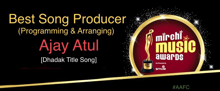 AjayAtulFans's tweet image. Congrats to Maestros @AjayAtulOnline
Best Song Producer (Programming &amp;amp; Arranging) for #DhadakTitle 
@AbhayJodhpurkar for 
Upcoming Male Vocalists of the Year 
For #MereNaamTu from Zero .

#MirchiMusicAwards2019 #BestSongProducer #BestVocalist #Dhadak #Zero #AACNCB