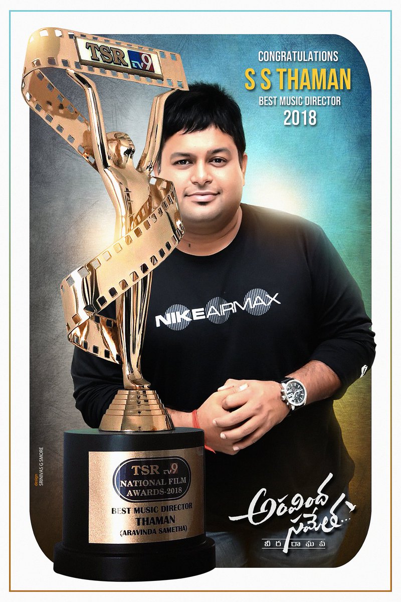 Congratulations @MusicThaman sir
On Receiving Best Music Director for @tarak9999 #AravindhaSametha 
#TsrTv9awards 
#bestmusicdirector 2018 🎵 

#BestMusicDirectorSSThaman 

design : @SrinivasG_Smore