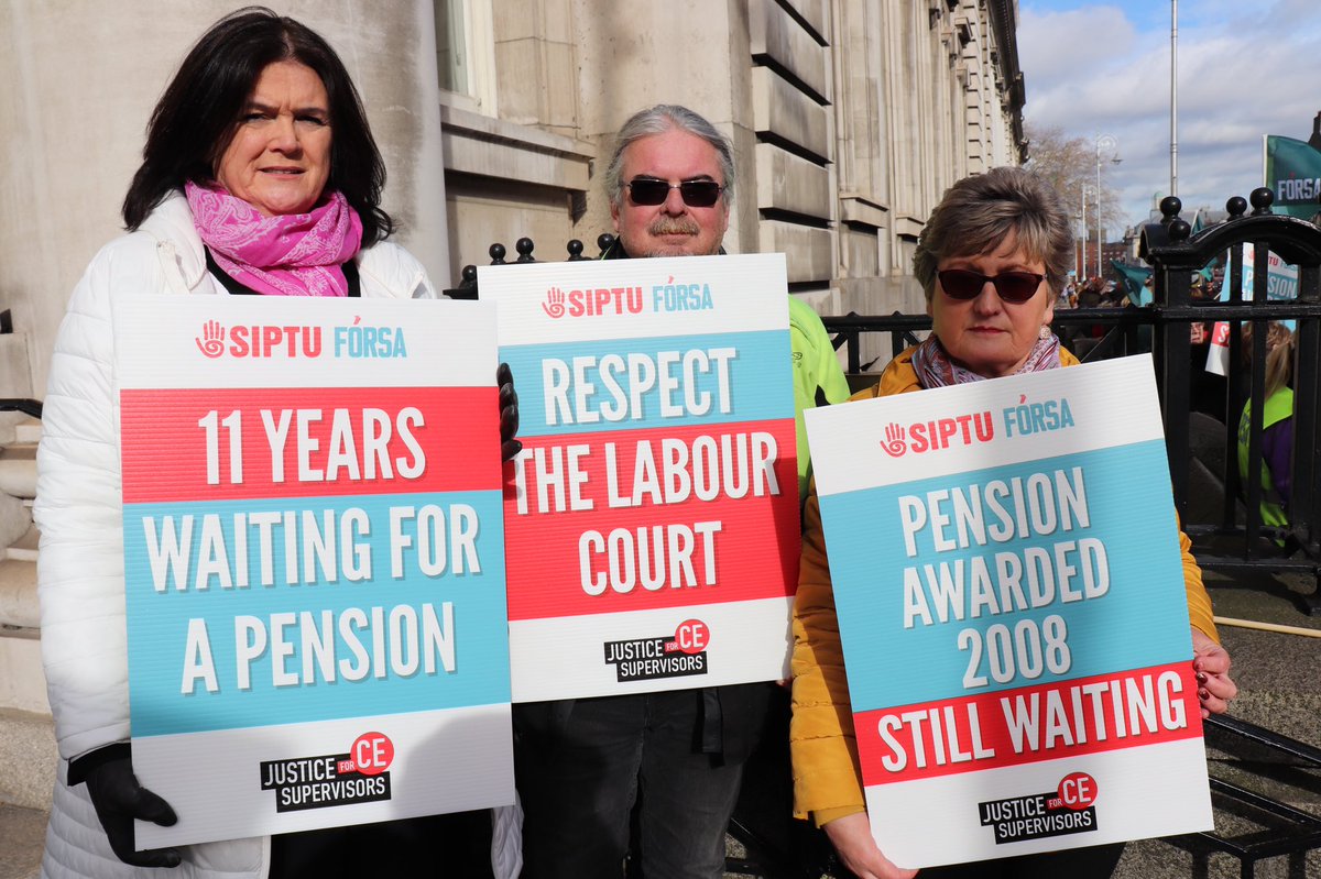 SIPTU's tweet photo. The message is loud and clear from CE Supervisors protesting around the country today. 

❎ Pension awarded in 2008. Still waiting. 
❎ 11 years waiting for a pension 
❎ Respect the Labour Court! 

We want #JusticeforCEsupervisors https://t.co/1XX4UQ81u1