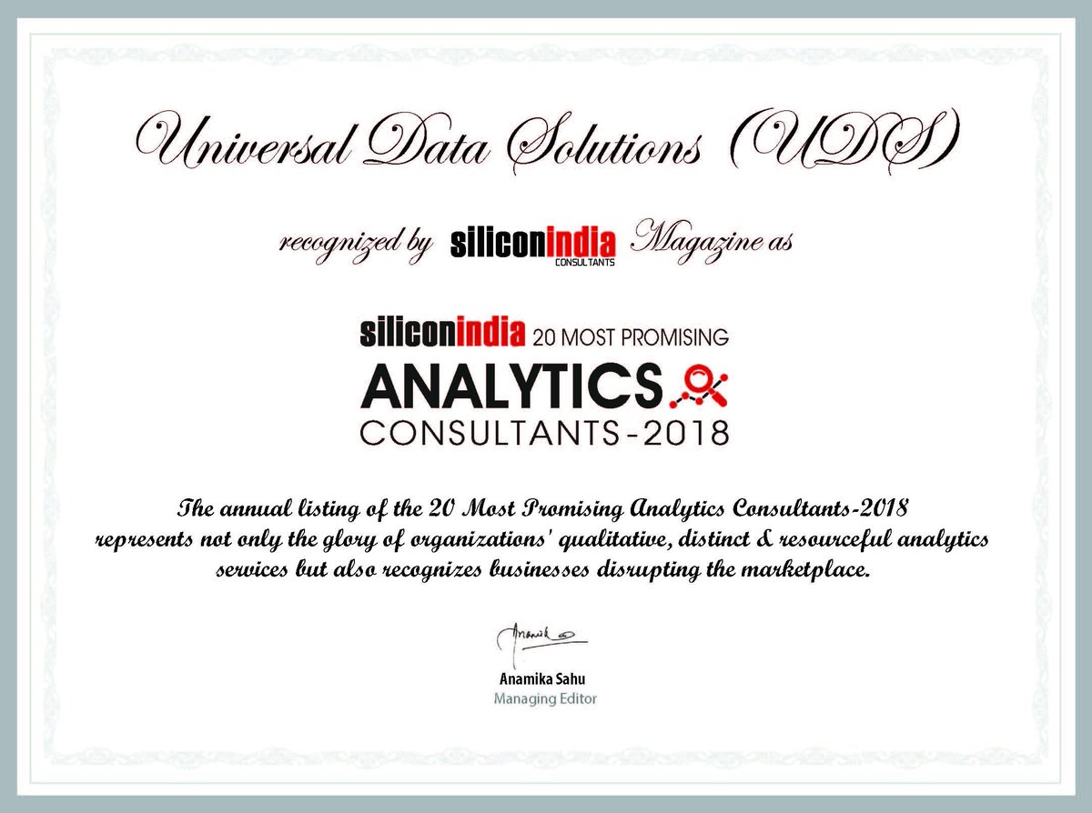 UnivDataSol's tweet image. Just as we start our 2019 journey, we would like to thank Silicon India once again for selecting Universal Data Solutions as a “20 Most Promising Analytics Consultants&quot;.
bit.ly/2Ehq6dh
#universaldatasolutions  #siliconindia #Analyticsconsulting #research #insights