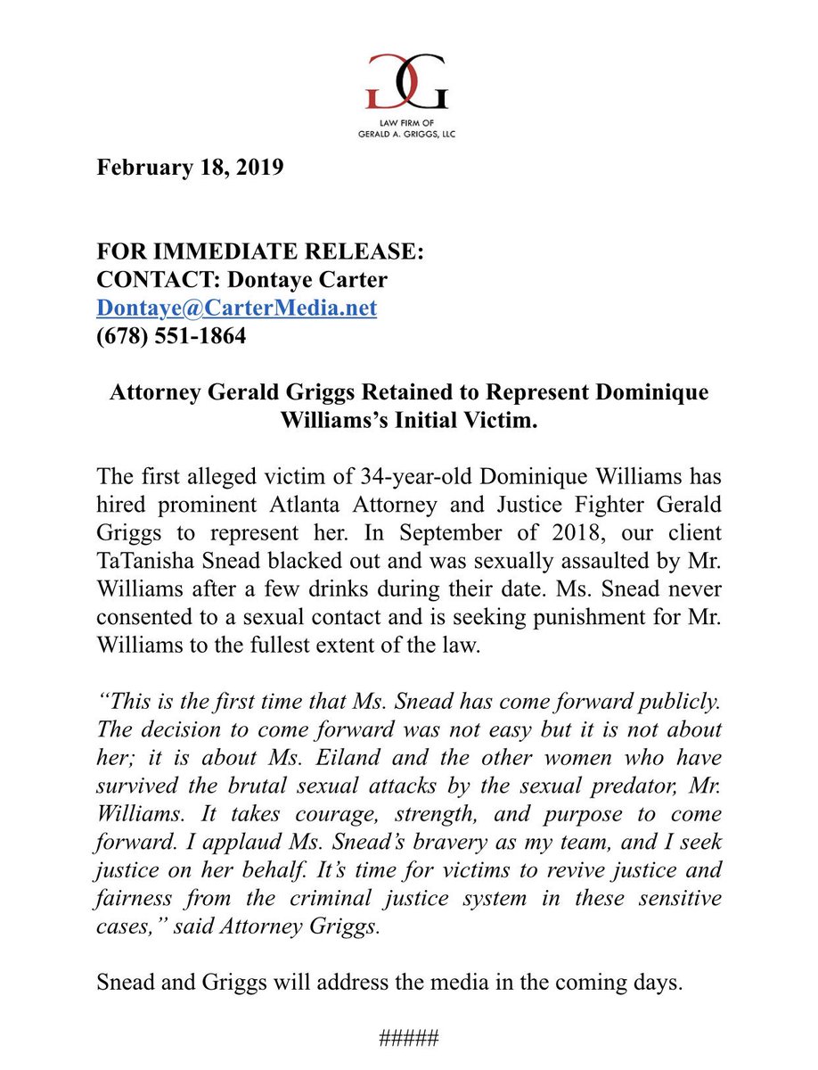 AttorneyGriggs's tweet photo. #Breaking: My Office has been retained by the first victim of #DominiqueWilliams the suspect in the #OperaNightClub sexual assault. We plan to seek justice to the fullest extent of the law. #justicefighter. https://t.co/Hw1WBuUgUZ