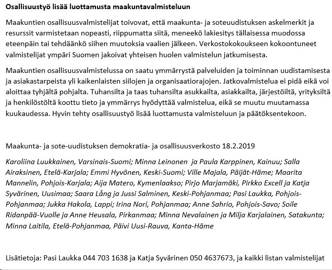 KSyvarinen's tweet photo. Maakuntien osallisuusvalmistelijat haluavat asukkaiden ja muiden toimijoiden kanssa tehdyn työn jatkuvan. Se on vastuullista valmistelua ja vastuullista politiikkaa. @Uusimaa2019 @PaiviNerg @juhasipila @MarkusSovala @aronkyto @VMuutiset @STM_Uutiset @Kuntaliitto @LaukkaPasi https://t.co/B39ss8eGVT