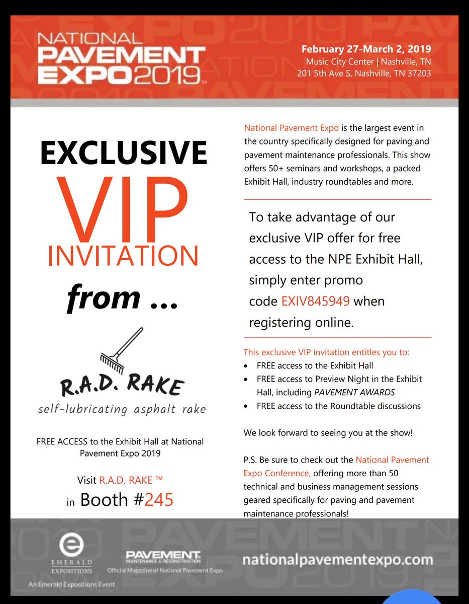rad_rake's tweet image. Check us out at NPE2019. R.A.D RAKE, the only self-lubricating asphalt rake.