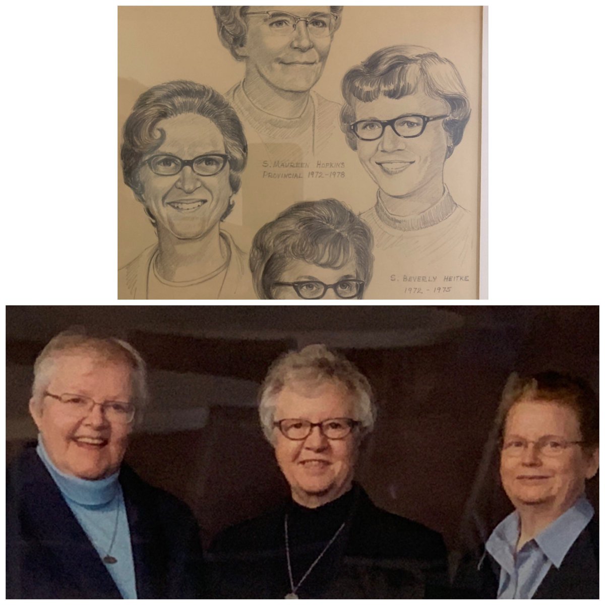SrThereseSDS's tweet photo. #MondayMother top pic features a sketch of @SrBeverlySDS when she was on our provincial team the 1970s, bottom pic is Sr. Beverly, our current Provincial flanked by @WyoSisterNelda (left) and @SrDS1888 (right) 
Also we don’t call our provincial “Mother” anymore https://t.co/5baZTPYq17