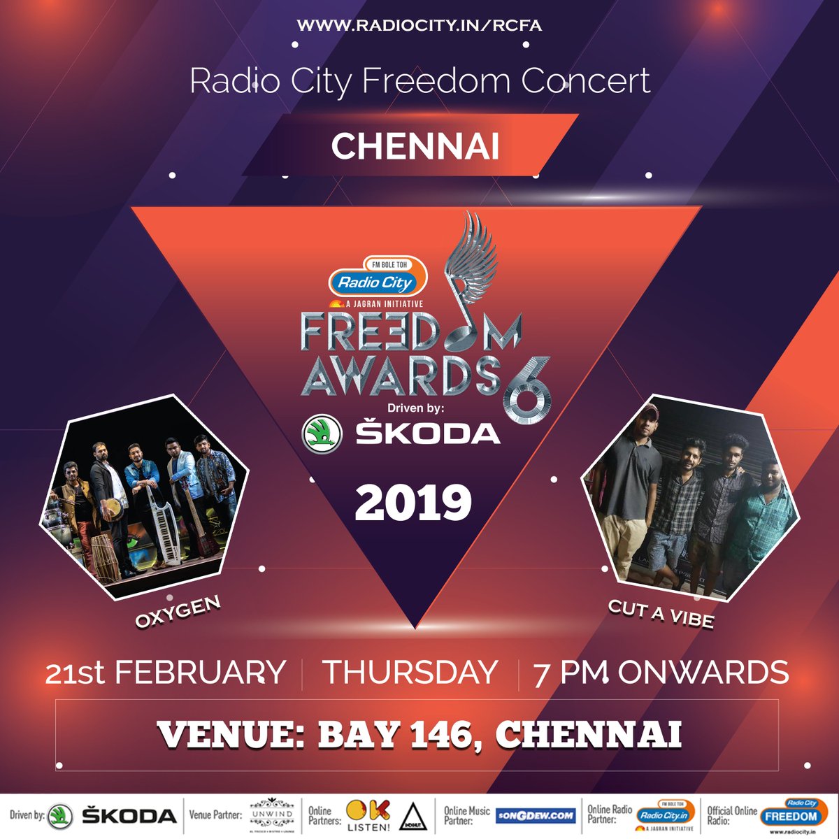 planetradiocity's tweet photo. Vanakkam #Chennai! After a headbanging start in Pune,#RadioCityFreedomConcert moves to Namma Ooru Chennai with @oxygenthemusic &amp; #CutAVibe taking centre stage at Bay 146 on 21st Feb 
FREE ENTRY
.
Driven By @SkodaIndia
#RadioCityFreedomAwards #RCFA6 #BeOriginalWithRCFA #ŠKODATribe https://t.co/KKY5DlDy3U